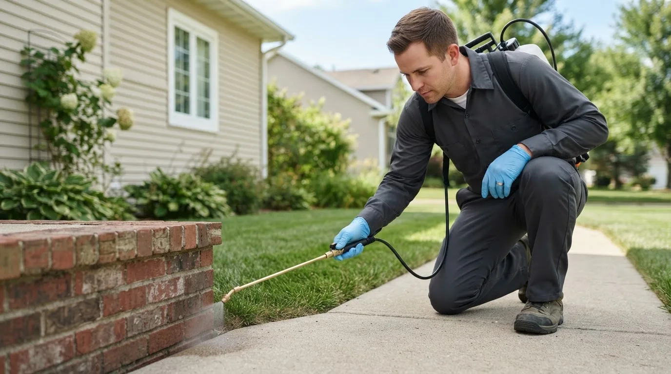 Pest control technician treating a home near Hills, IA