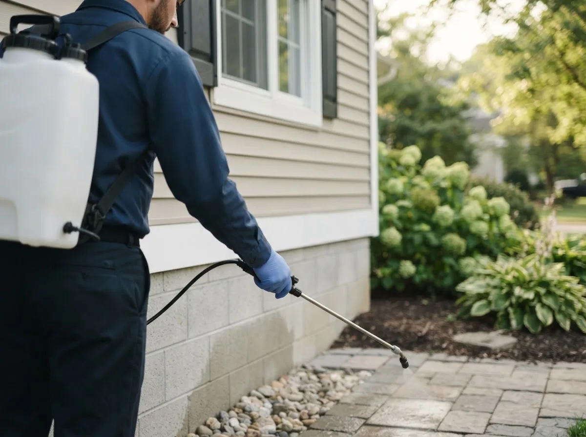 Pest control technician inspecting a home in Hills, IA